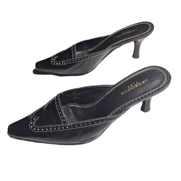 Vtg Y2K Liz Claiborne Black Leather Pointed Toe Wingtip Kitten Heel Mules Sz 7 - Picture 7 of 7